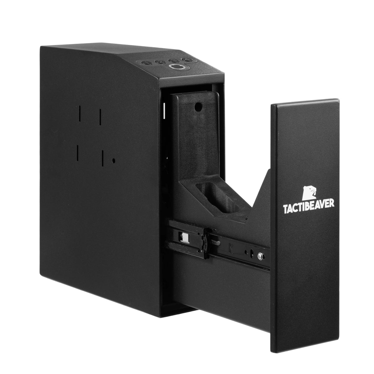 FLINT Biometric bedside handgun safe, open with the empty drawer extended, showing the pistol cradle