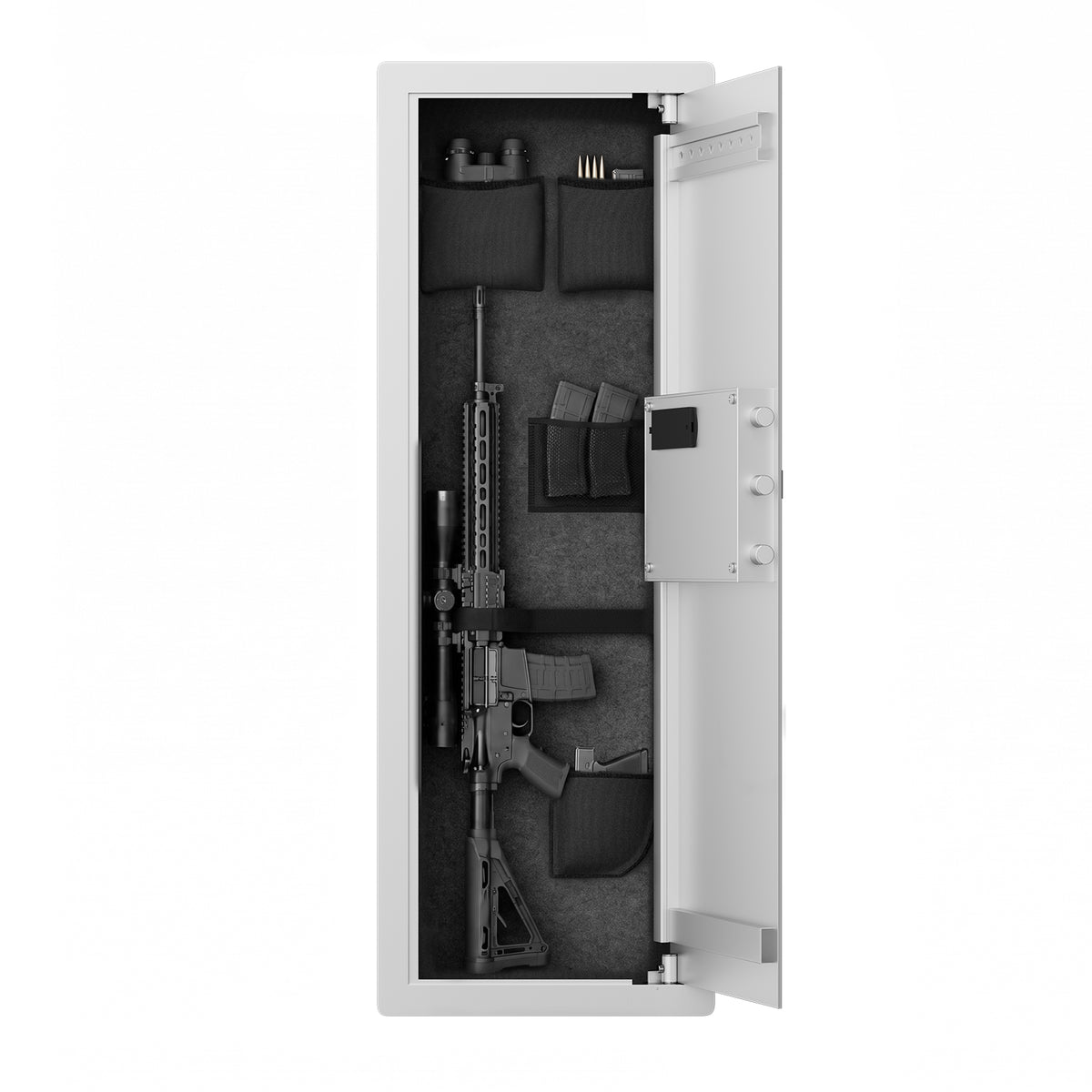SLATE M in-wall gun safe in white, open with shelves removed, holding a rifle, pistols and magazines