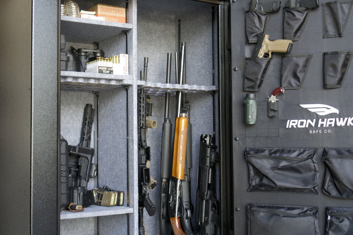Close view of the safe interior and the door organiser panel