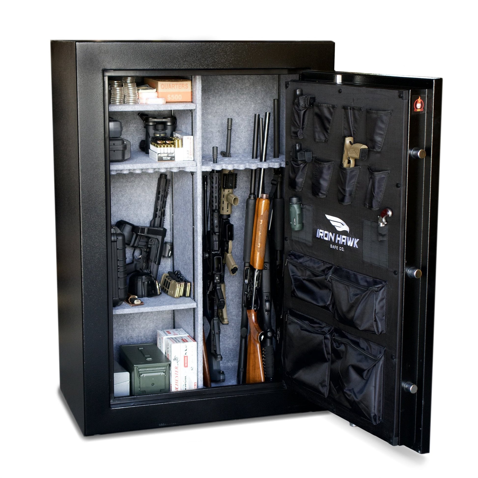 40-gun safe with the door open, loaded with long guns, optics and ammunition