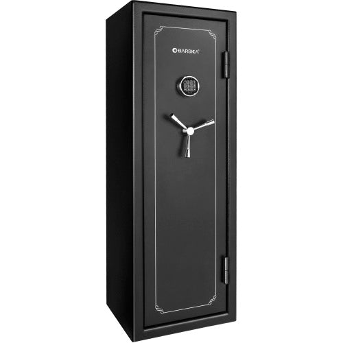 BASALT 14 fireproof gun safe, closed, front view of the keypad lock and three-spoke handle