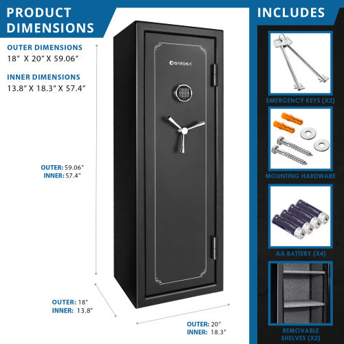 BASALT 14 fireproof gun safe, dimension diagram with the included keys, hardware and shelves