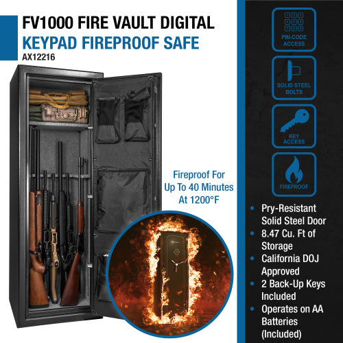BASALT 14 fireproof gun safe, infographic: 8.47 cubic feet, fireproof for up to 40 minutes at 1200°F