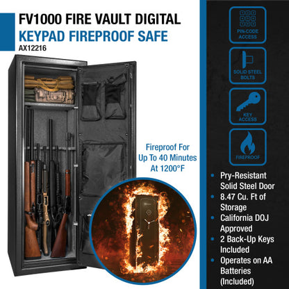 BASALT 14 fireproof gun safe, infographic: 8.47 cubic feet, fireproof for up to 40 minutes at 1200°F