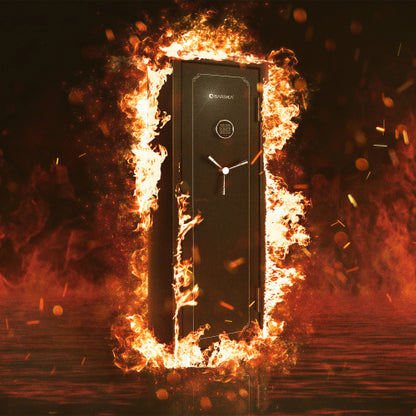 BASALT 14 fireproof gun safe, the fireproof gun safe standing in flames, illustrating the fire rating