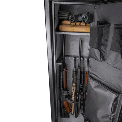 BASALT 14 fireproof gun safe, interior detail of long guns, optics and gear stored inside