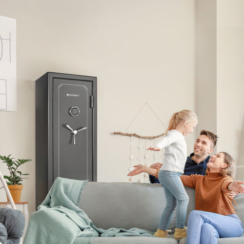 BASALT 14 fireproof gun safe, standing in a family living room while a family relaxes on the sofa