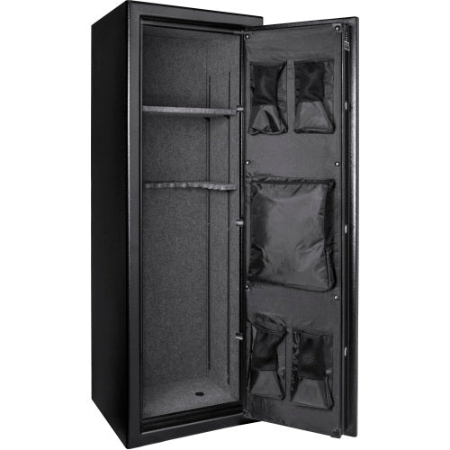 BASALT 14 fireproof gun safe, open and empty, showing the barrel rests and door pocket organiser