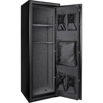 BASALT 14 fireproof gun safe, open and empty, showing the barrel rests and door pocket organiser