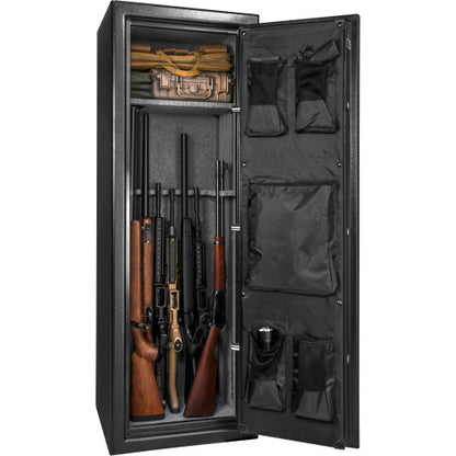 BASALT 14 fireproof gun safe, open and loaded with long guns beside the door pocket organiser