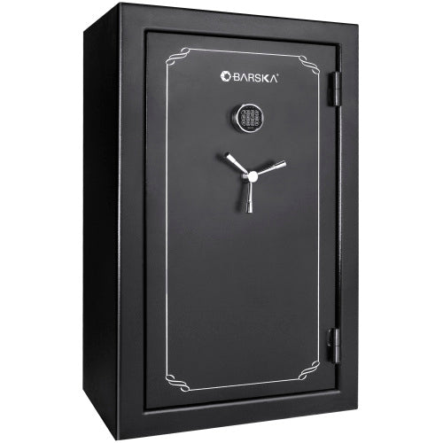 BASALT 45 Pro fireproof gun safe, closed, front view of the keypad lock and three-spoke handle
