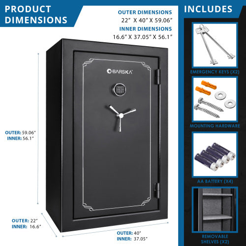 BASALT 45 Pro fireproof gun safe, dimension diagram with the included keys, hardware and shelves