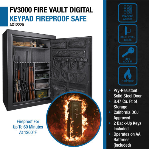 BASALT 45 Pro fireproof gun safe, infographic: 8.47 cubic feet, fireproof for up to 60 minutes at 1200°F