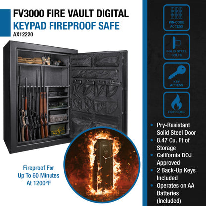 BASALT 45 Pro fireproof gun safe, infographic: 8.47 cubic feet, fireproof for up to 60 minutes at 1200°F