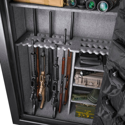 BASALT 45 Pro fireproof gun safe, interior detail of rifles on the barrel rests beside optics and gear
