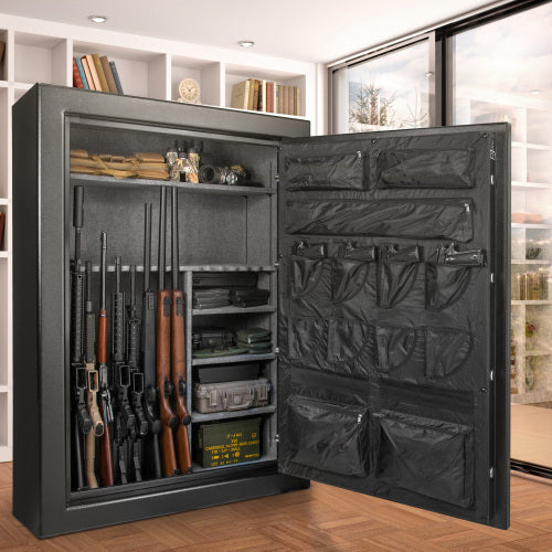 BASALT 45 Pro fireproof gun safe, open and loaded with long guns in a room with floor-to-ceiling windows