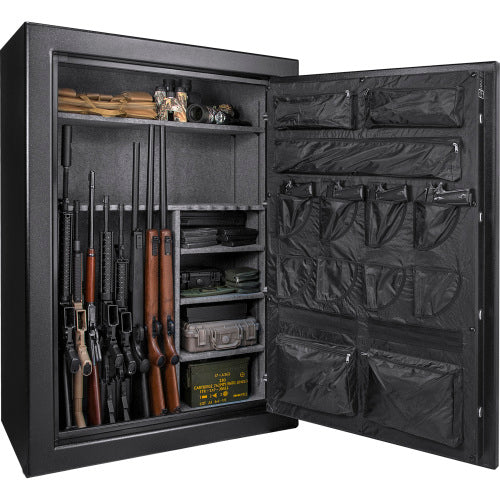 BASALT 45 Pro fireproof gun safe, open and loaded with long guns, ammunition and a door organiser