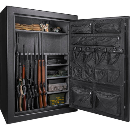 BASALT 45 Pro fireproof gun safe, open and loaded with long guns, ammunition and a door organiser