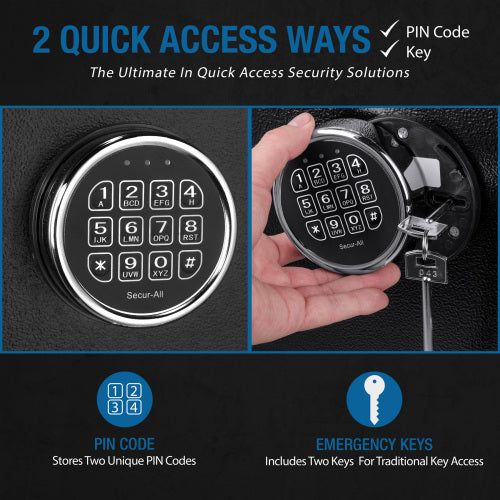 BASALT 45 Pro fireproof gun safe, infographic: two quick access ways - PIN code keypad and emergency keys