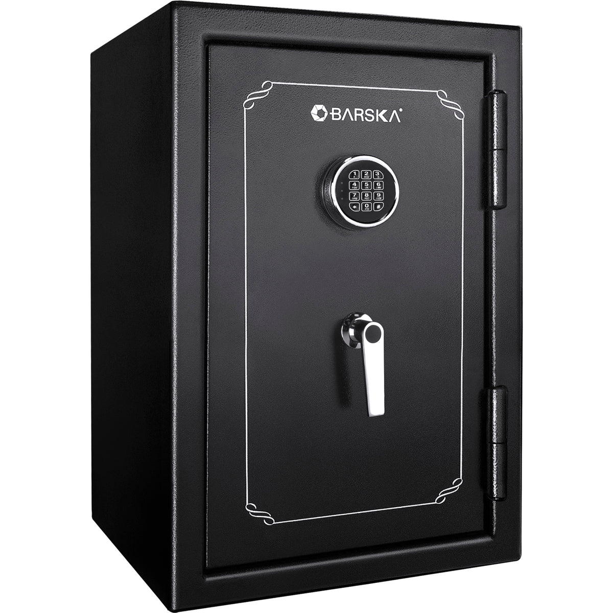BASALT fireproof safe, closed, front view of the keypad lock and chrome handle