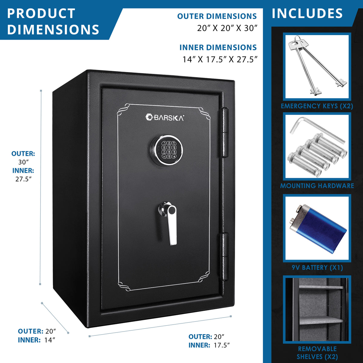 BASALT fireproof safe, dimension diagram with the included keys, bolts and shelves
