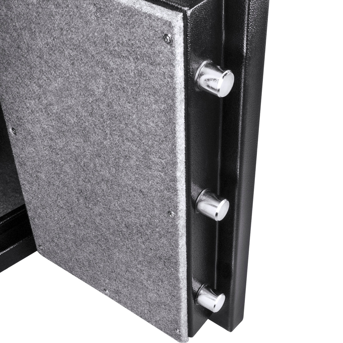 BASALT fireproof safe, close-up of the extended locking bolts along the open door edge