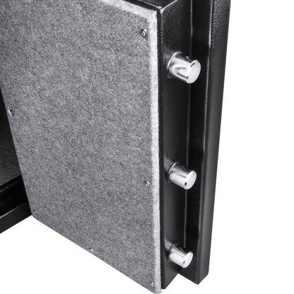 BASALT fireproof safe, close-up of the extended locking bolts along the open door edge