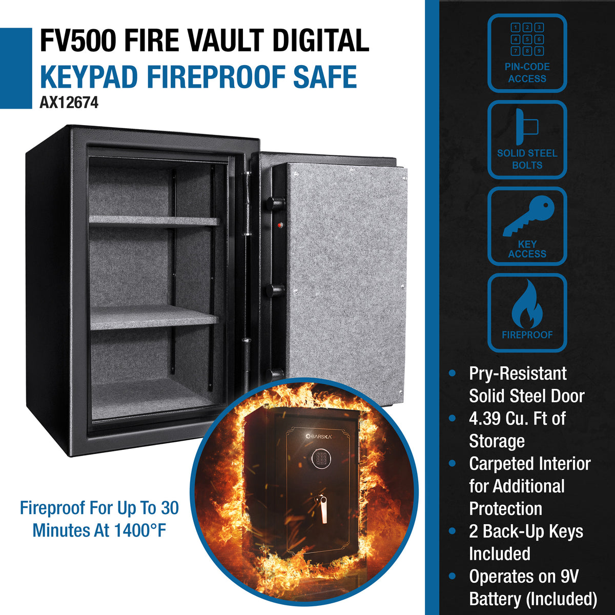 BASALT fireproof safe, infographic: 4.39 cubic feet, fireproof for up to 30 minutes at 1400°F