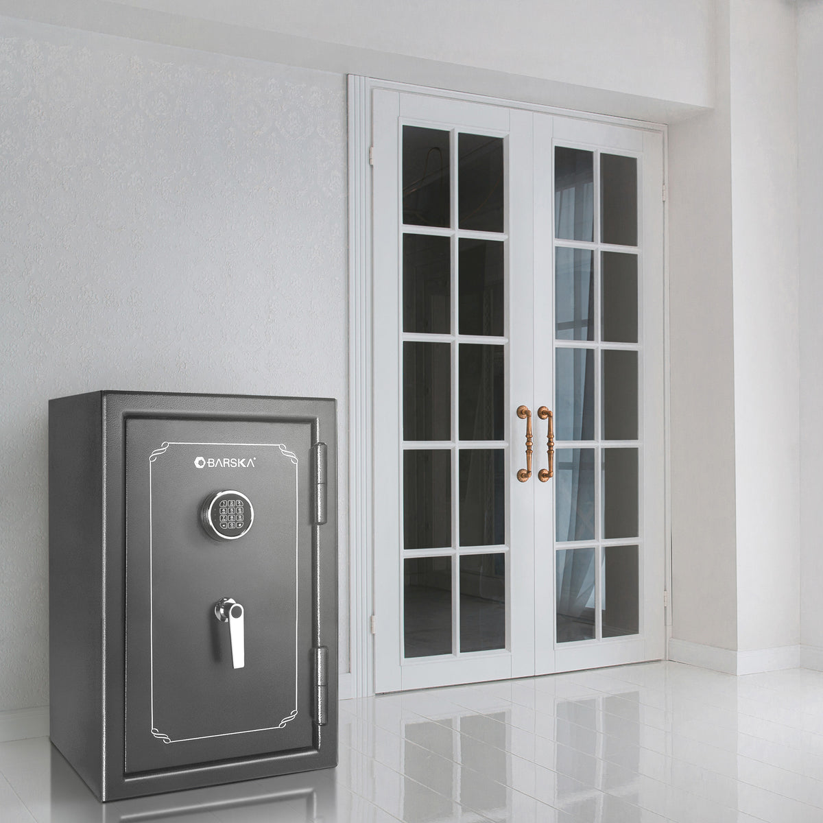 BASALT fireproof safe, standing in a hallway beside glazed double doors