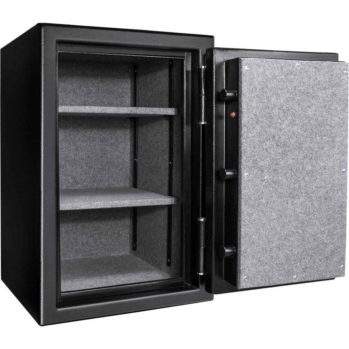 BASALT fireproof safe, open and empty, showing two removable shelves inside
