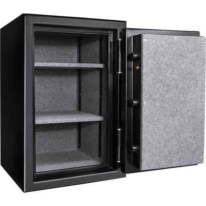 BASALT fireproof safe, open and empty, showing two removable shelves inside