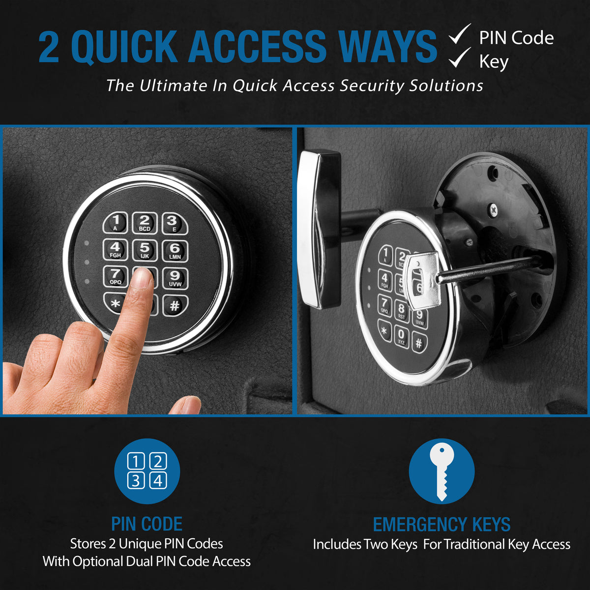 BASALT fireproof safe, infographic: two quick access ways - PIN code keypad and emergency keys