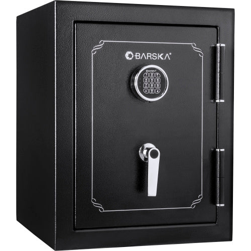BASALT S fireproof safe vault, closed, front view of the keypad lock and chrome handle