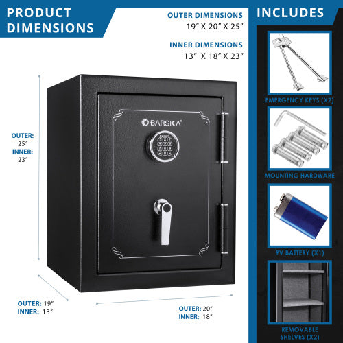 BASALT S fireproof safe vault, dimension diagram with the included keys, bolts and shelves
