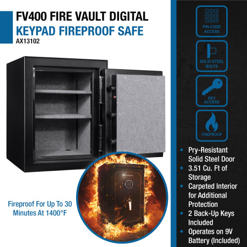 BASALT S fireproof safe vault, infographic: 3.51 cubic feet, fireproof for up to 30 minutes at 1400°F