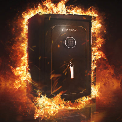 BASALT S fireproof safe vault, the fireproof vault standing in flames, illustrating the fire rating