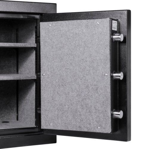 BASALT S fireproof safe vault, open with the door swung wide, showing the locking bolts and carpeted interior