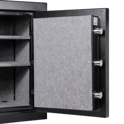 BASALT S fireproof safe vault, open with the door swung wide, showing the locking bolts and carpeted interior