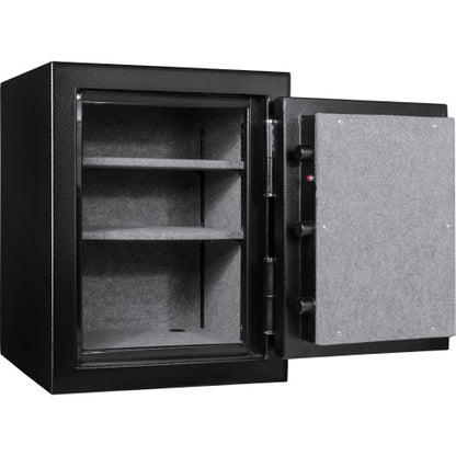 BASALT S fireproof safe vault, open and empty, showing two removable shelves inside the vault