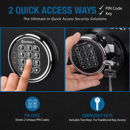 BASALT S fireproof safe vault, infographic: two quick access ways - PIN code keypad and emergency keys