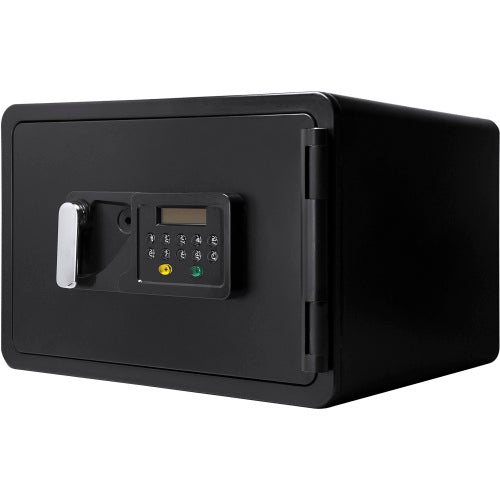 BASALT XS keypad fireproof safe box, closed, side three-quarter view of the keypad and pull handle