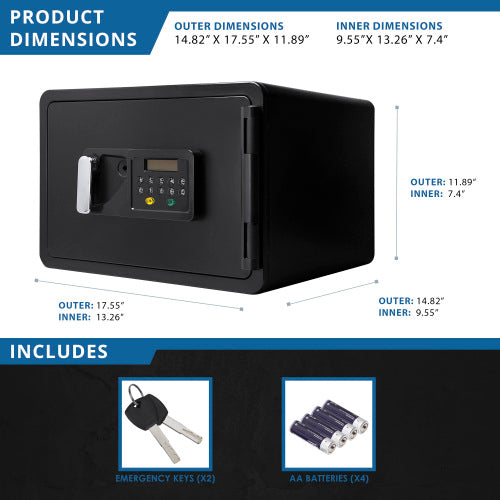 BASALT XS keypad fireproof safe box, dimension diagram with the included keys and batteries