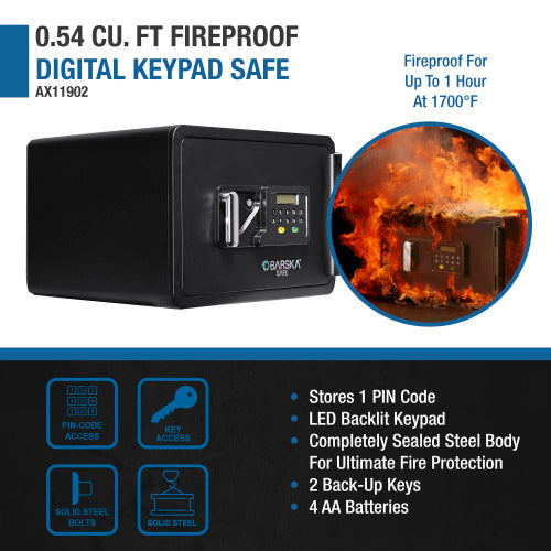 BASALT XS keypad fireproof safe box, infographic: 0.54 cubic foot capacity, fireproof for up to one hour at 1700°F