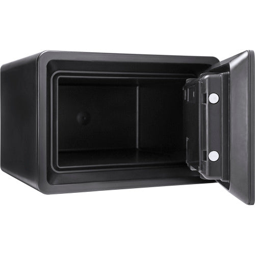 BASALT XS keypad fireproof safe box, open and empty, showing the carpeted interior of the fireproof box