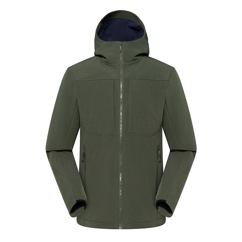 BeaverBase men's soft shell hoodie, army green colourway, front view with the hood down