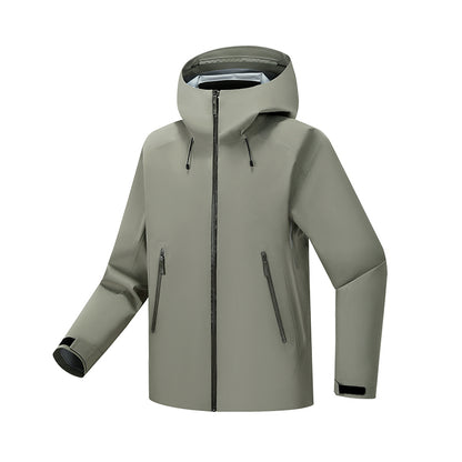 BeaverBase men's waterproof hard shell rain jacket, sage green colourway, front view with the hood up