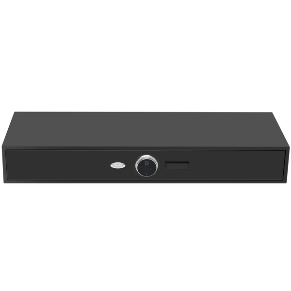 BEDROCK underbed gun safe, closed, front view of the low-profile drawer with dial and keypad lock
