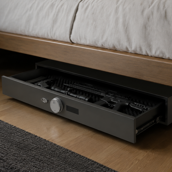 BEDROCK underbed gun safe, installed under a bed with the drawer open and a rifle inside