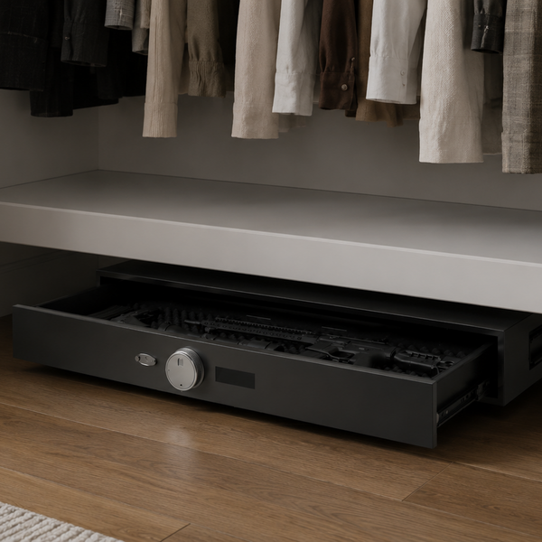 BEDROCK underbed gun safe, installed under a closet shelf with the drawer open