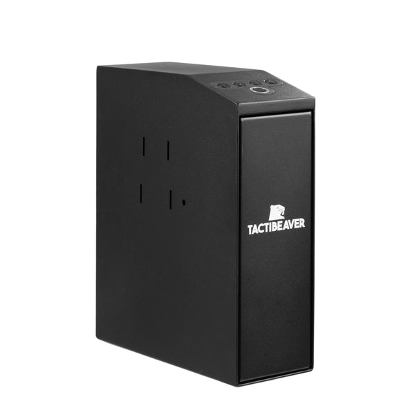 FLINT Biometric bedside handgun safe, closed, side view of the slim black steel body and mounting holes
